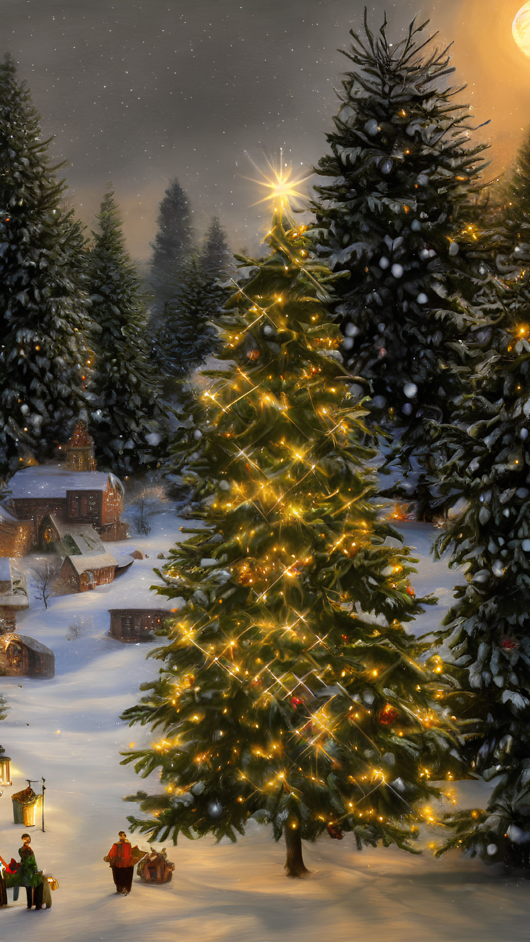 Snow-covered village with Christmas tree and starry sky illustration.