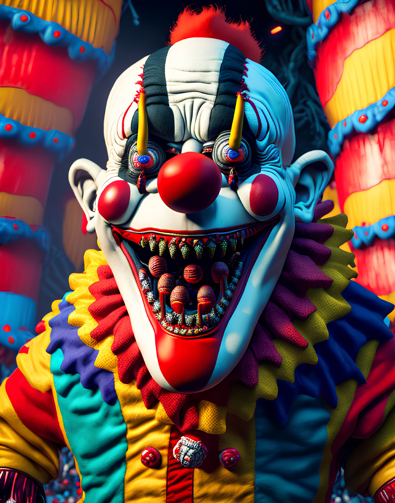 Colorful Sinister Clown with Sharp Teeth and Dramatic Lighting