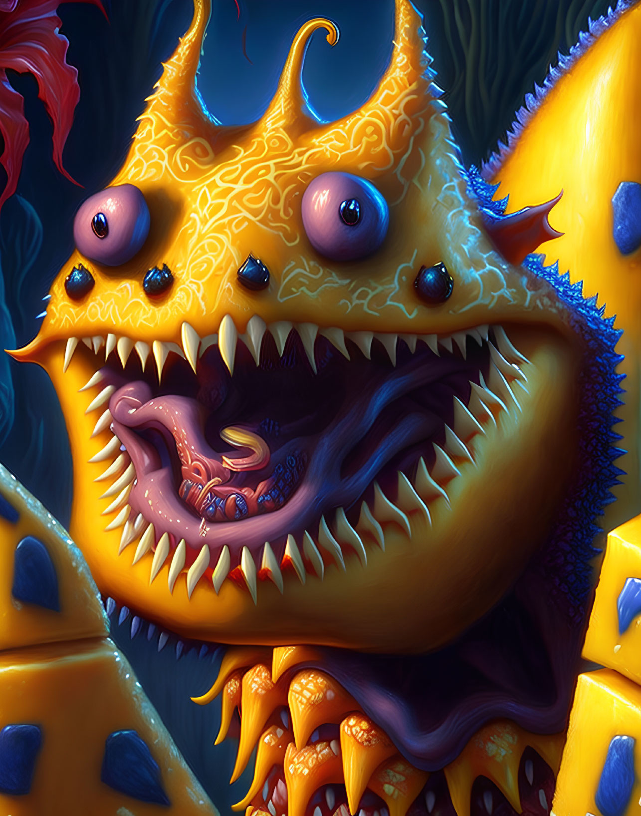 Colorful Stylized Monster Creature with Multiple Eyes and Sharp Teeth