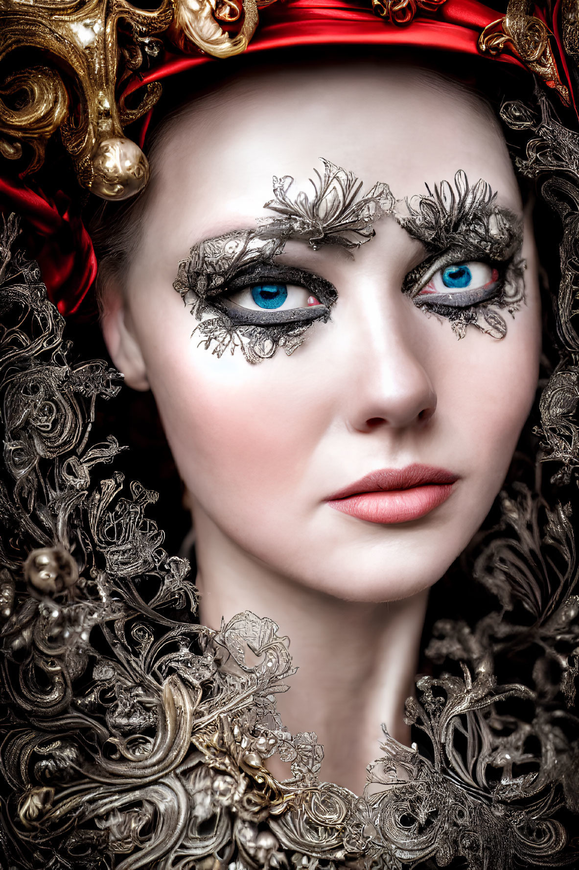 Portrait of a Person with Striking Blue Eyes and Intricate Metallic Lace Makeup