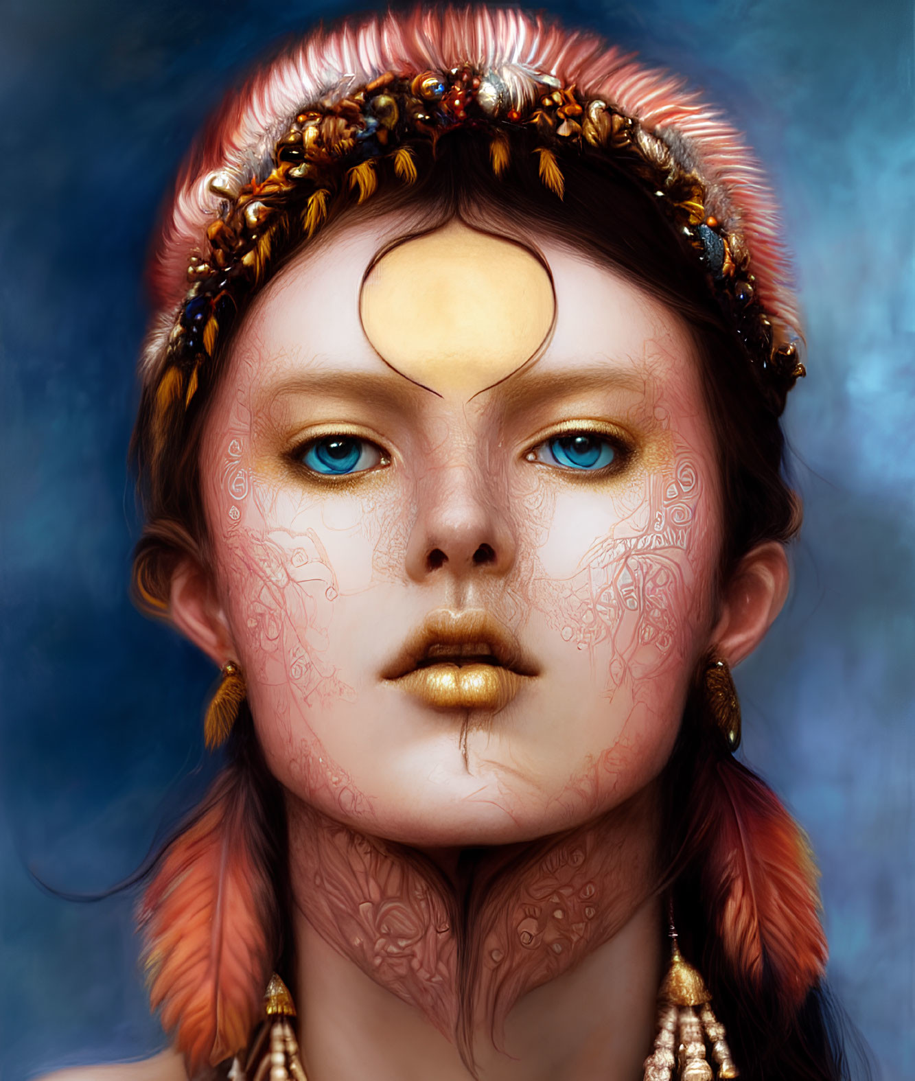 Digital painting featuring person with blue eyes, golden lips, facial tattoos, feather hair, crescent moon