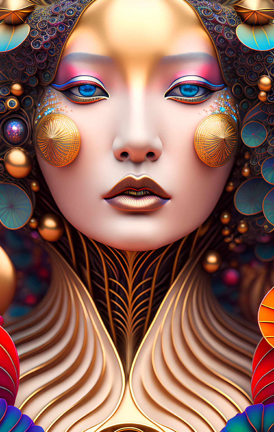 Stylized digital artwork: intricate golden patterns, blue eyeshadow, surreal elements.