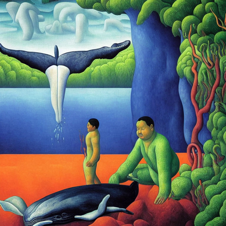 Surreal painting: man and child, beached whales, green trees, blue sea, floating