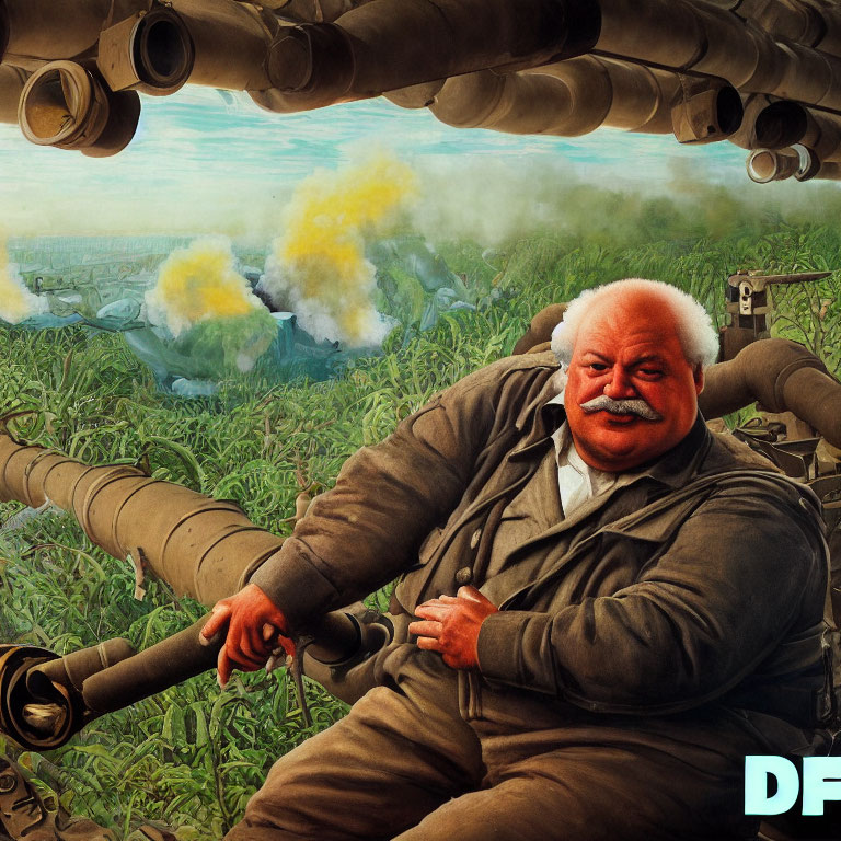 Historical figure caricature with cigar on cannon amidst tank barrels and explosions.