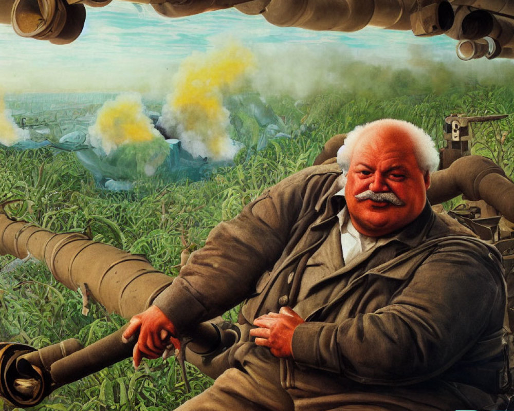 Historical figure caricature with cigar on cannon amidst tank barrels and explosions.