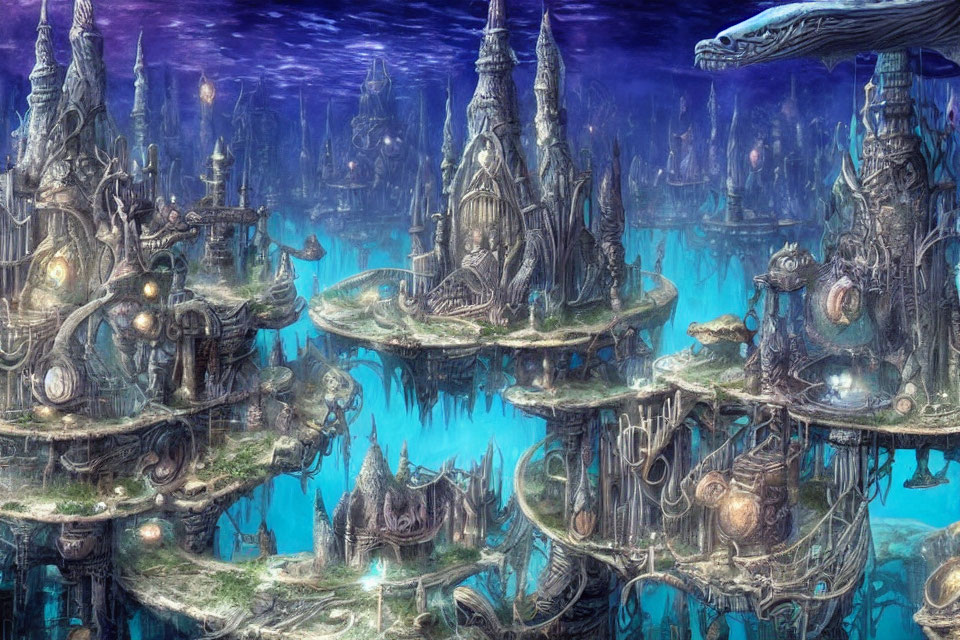 Fantasy underwater city with towering structures and floating islands