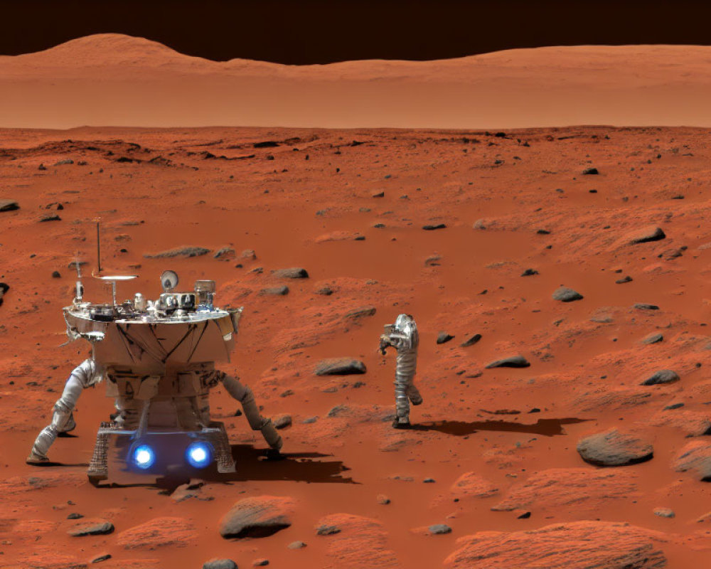 Robotic rover and humanoid robot on rocky Martian surface