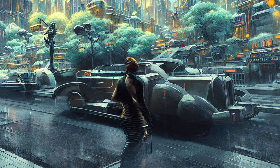 Futuristic cityscape with retro vehicles, towering buildings, and neon signs