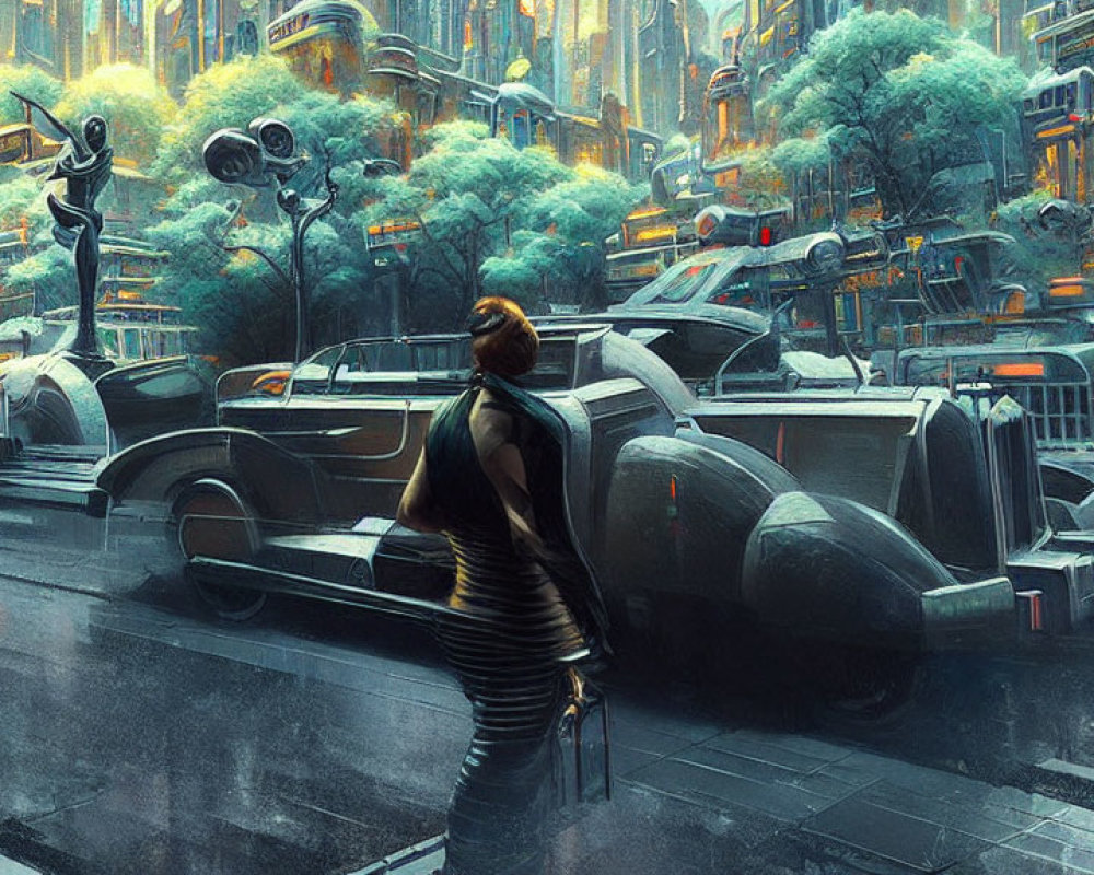 Futuristic cityscape with retro vehicles, towering buildings, and neon signs