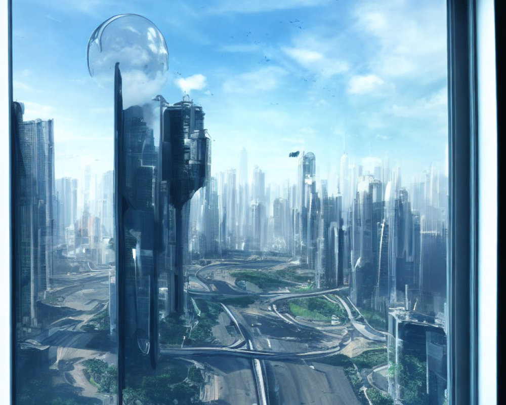 Futuristic cityscape with skyscrapers and greenery under blue sky