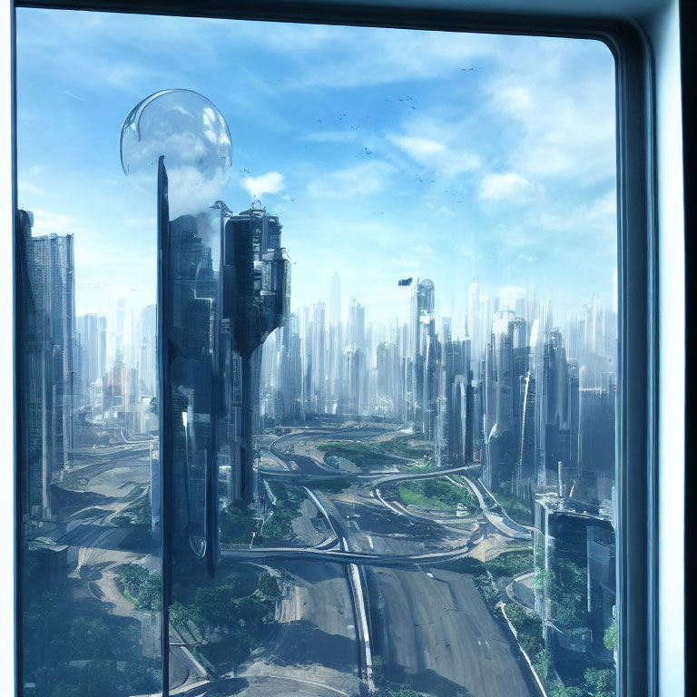 Futuristic cityscape with skyscrapers and greenery under blue sky