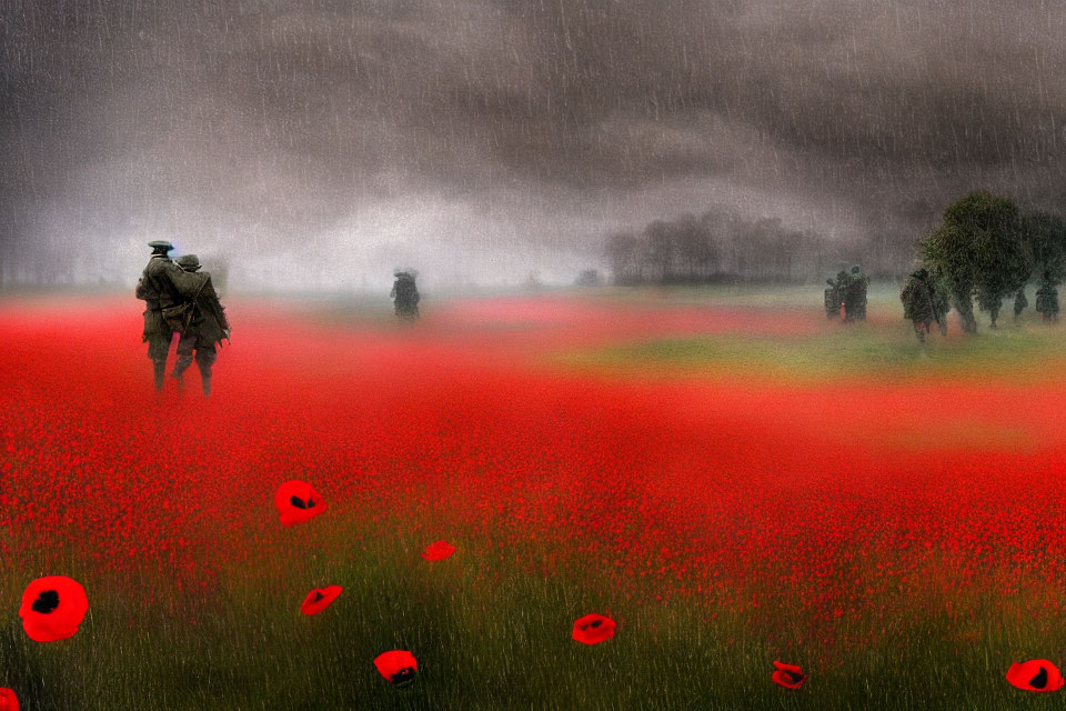 Vintage military figures in somber scene among red poppies under rainy sky