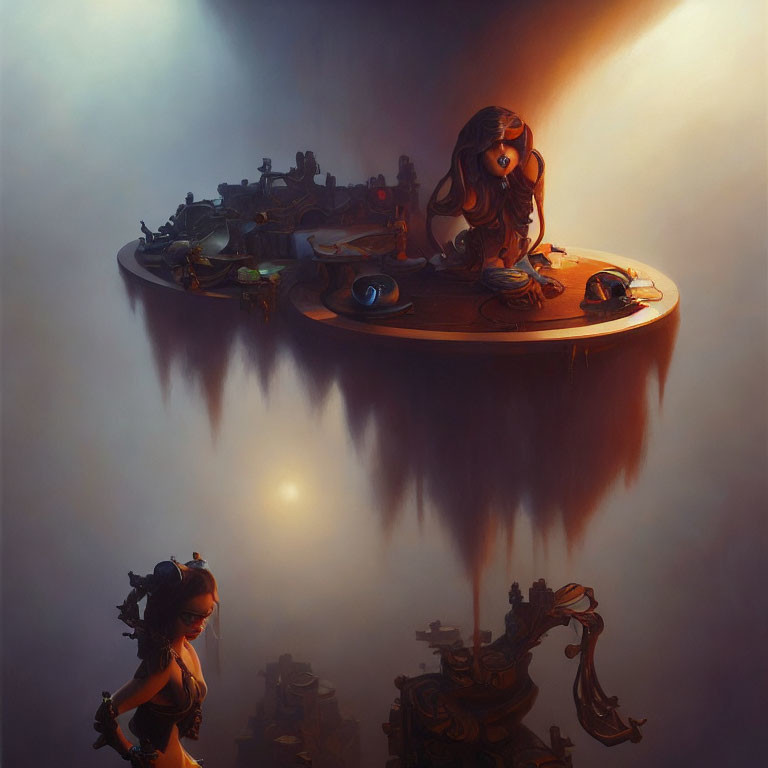 Fantastical image: Two characters on floating islands connected by phone wires in dreamy atmosphere