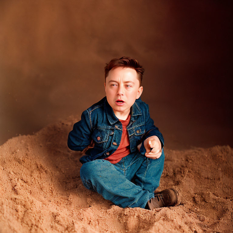 Young boy in denim jacket and red shirt sitting on ground against dusty brown backdrop.