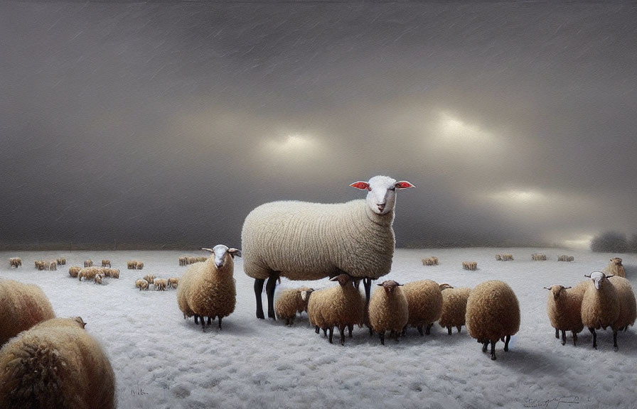 Snowy field with herd of sheep and one prominent larger sheep under gloomy sky