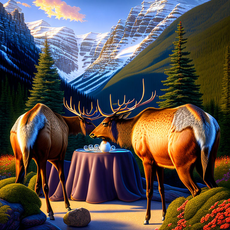 Elk near orbs in vibrant floral setting with mountains