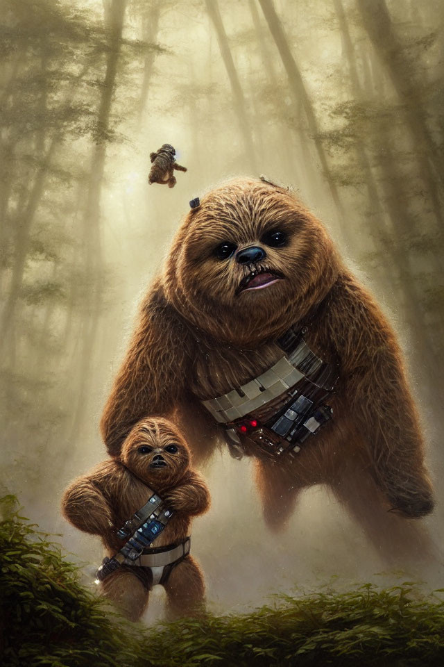 Adult and child Wookiee in misty forest with blaster and ammunition belt