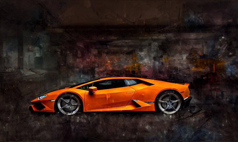 Orange Lamborghini Aventador Parked Against Dark Abstract Background