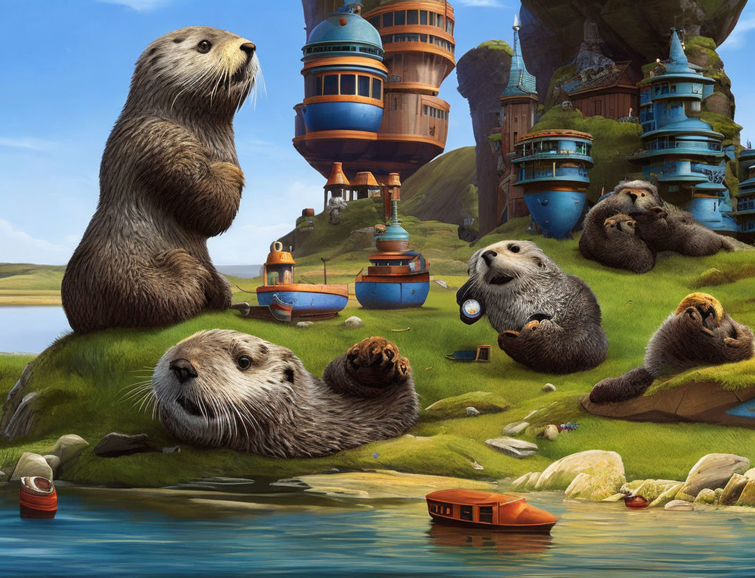 Illustration of otters lounging by riverbank with fantastical buildings in background