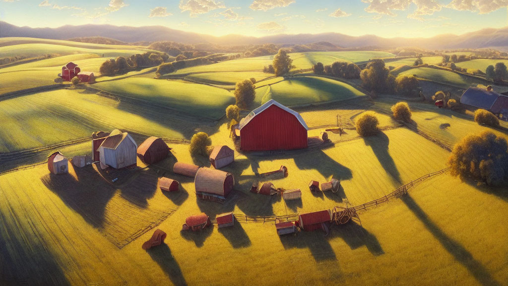 Tranquil farmland sunset scene with red barn, rolling hills, and golden light