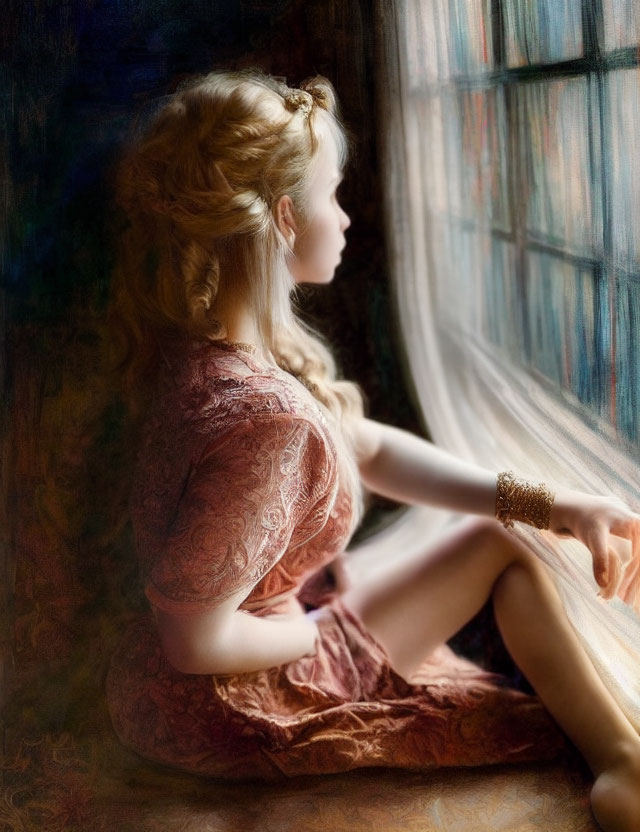 Blonde woman in vintage lace dress gazes out window in textured setting