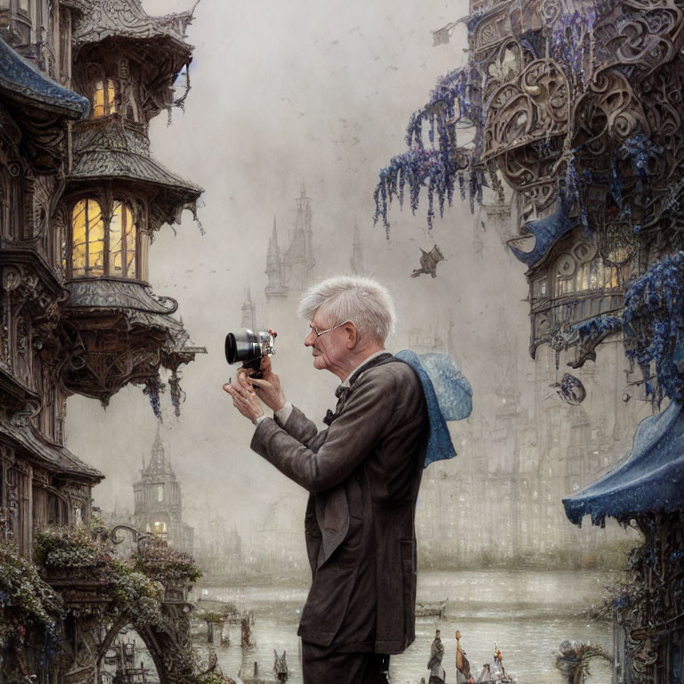 Elderly man in blazer captures city with blue flowers under misty sky