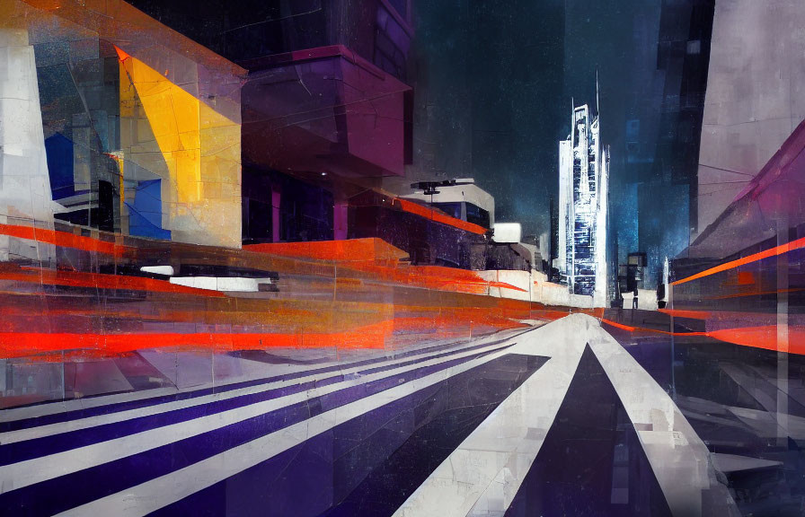 Colorful Abstract Cityscape with Geometric Shapes and Zebra Crossing