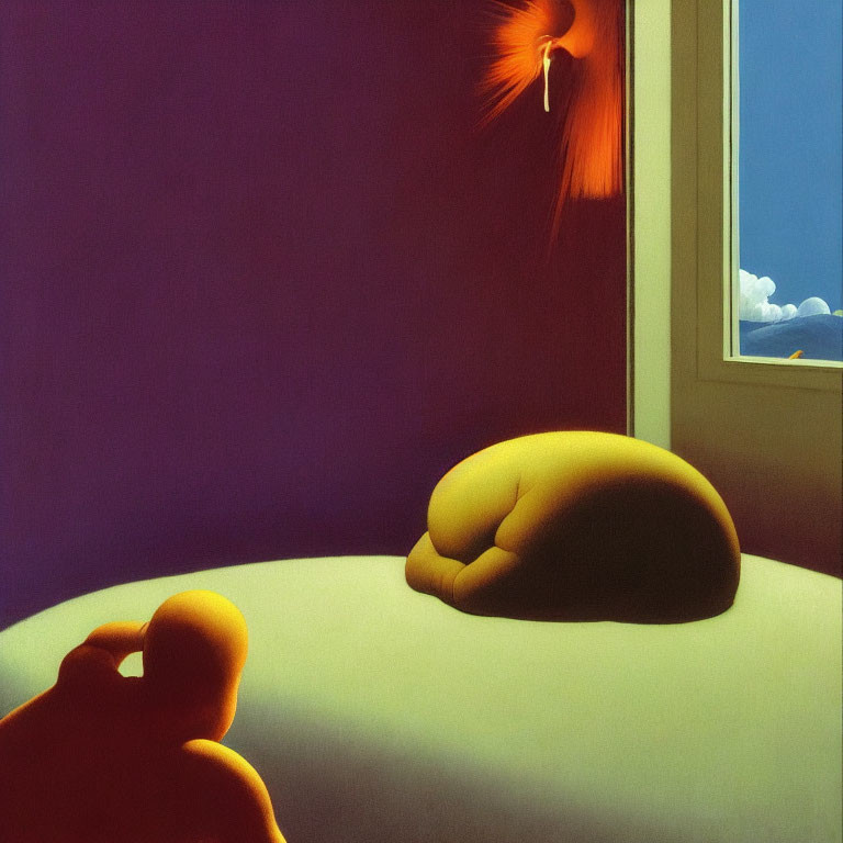 Surreal painting of seated nude figure and sleeping figure, vibrant colors and dreamy atmosphere