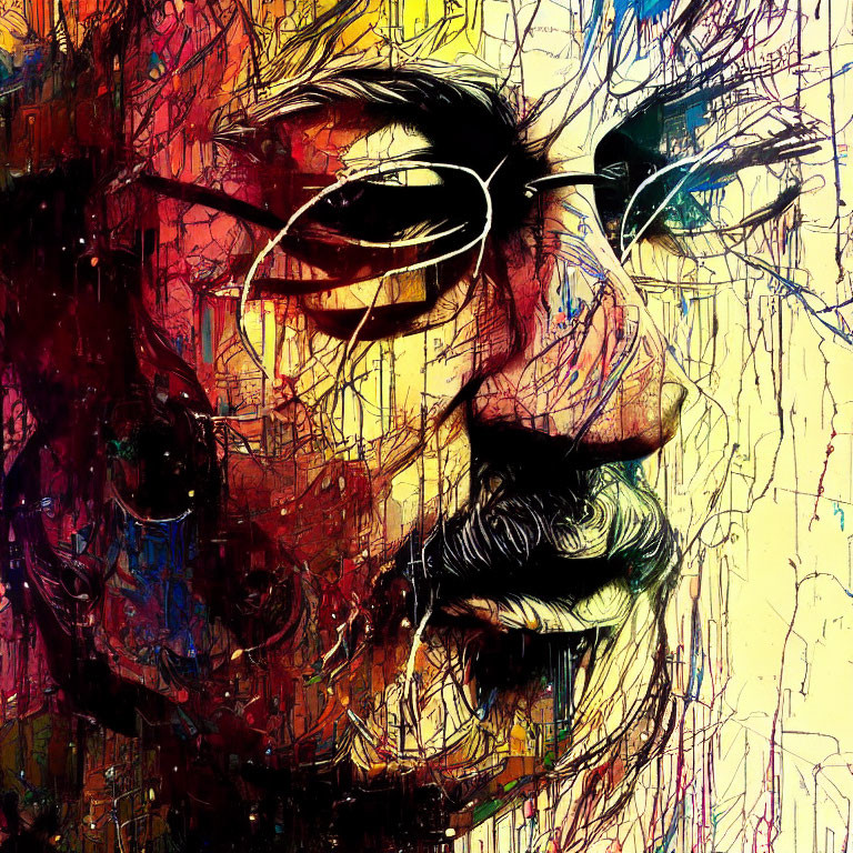 Vibrant abstract art of bearded man with glasses in dynamic lines