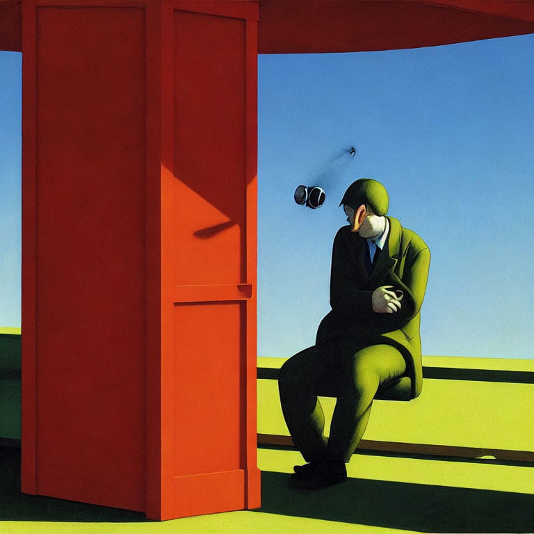 Man in green suit contemplating by open red door under surveillance camera, against blue sky.