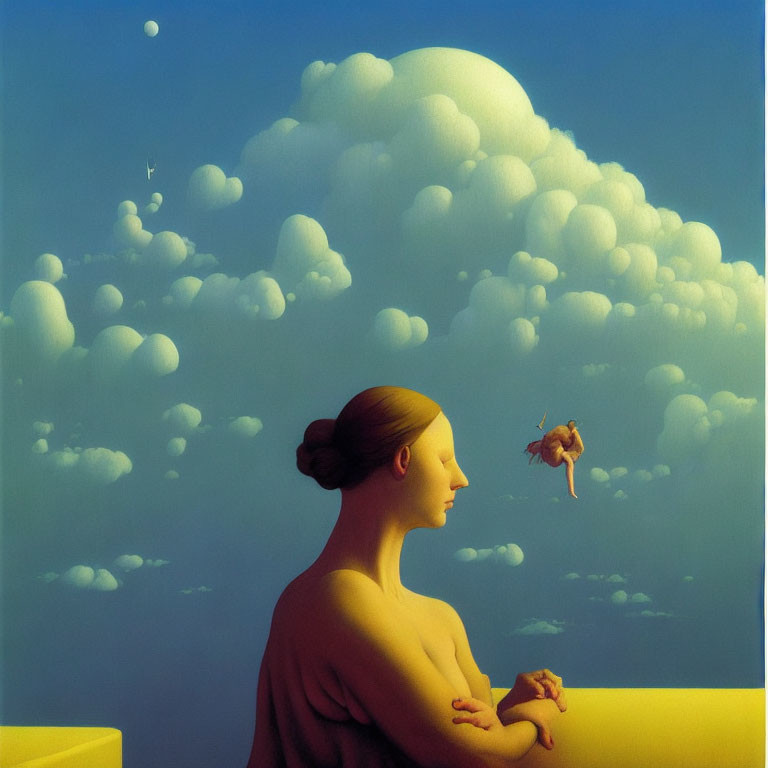 Serene painting of woman gazing at cloudy sky with floating figure