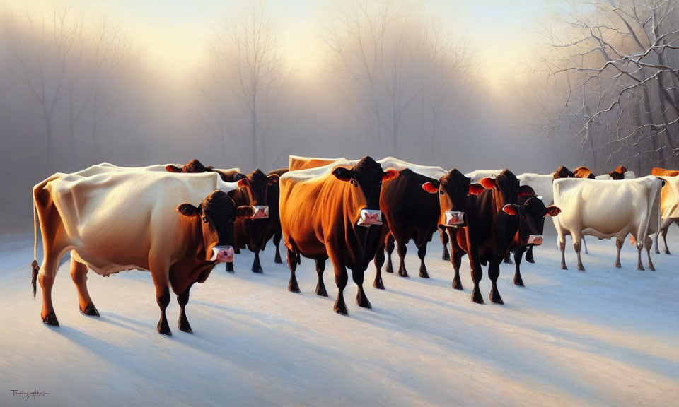 Glossy-coated cows in snowy landscape with mist and bare trees