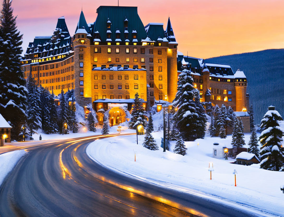 Majestic castle-like hotel at twilight in snowy landscape