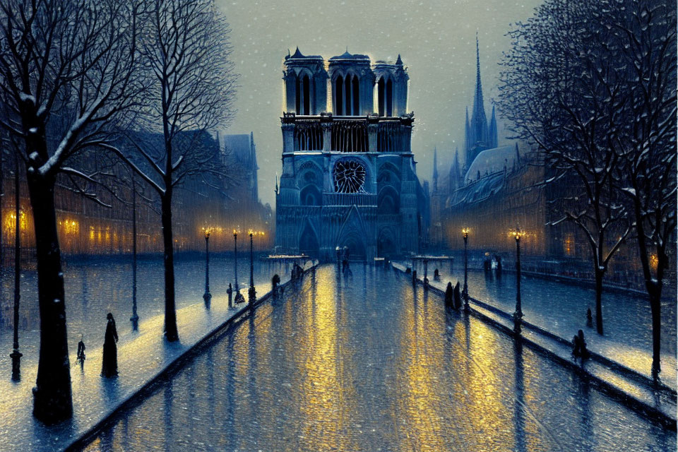 Snowy evening scene at Notre Dame Cathedral with people walking under street lights.