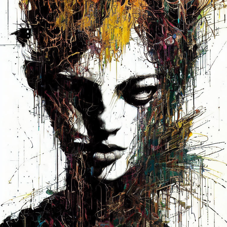 Vibrant abstract portrait with splashes of color on black and white features