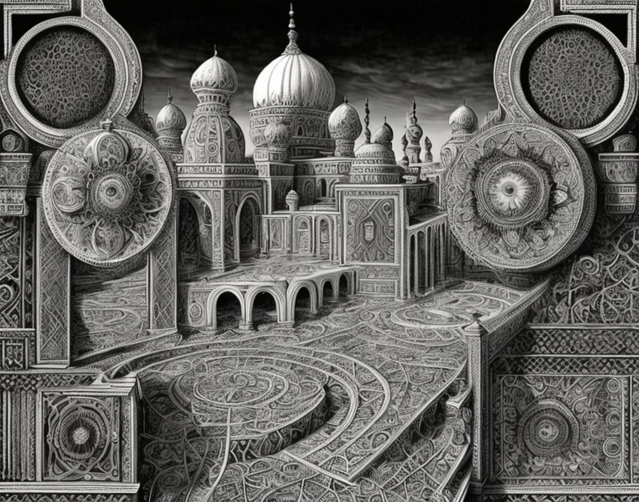 Detailed Monochrome Illustration of Ornate Fantasy Architecture with Islamic-style Patterns, Domes, and Ar