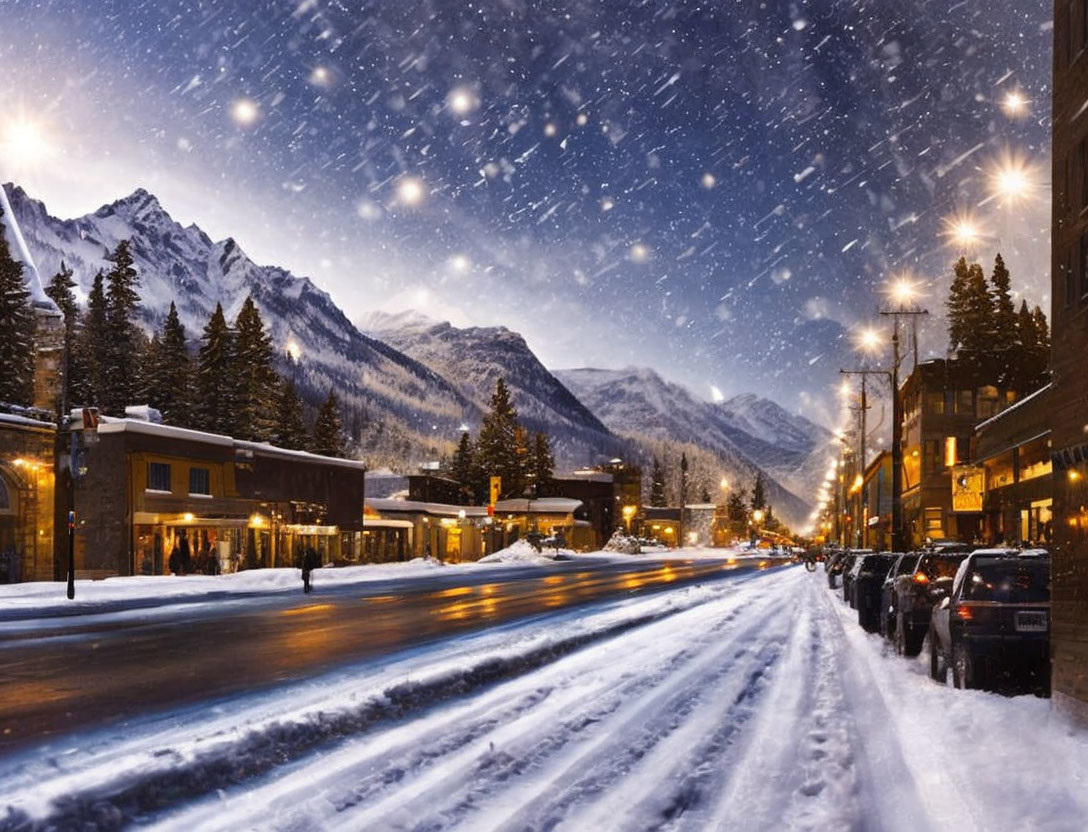 Snowy Night Street Scene with Streetlights, Falling Snowflakes, Parked Cars, and Mountain