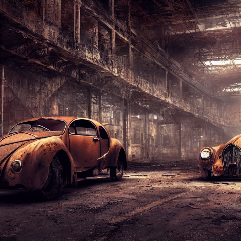 Rusted vintage cars in dilapidated warehouse with soft light