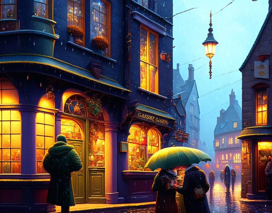 Rainy Evening Street Scene with Vintage Architecture and Umbrella People