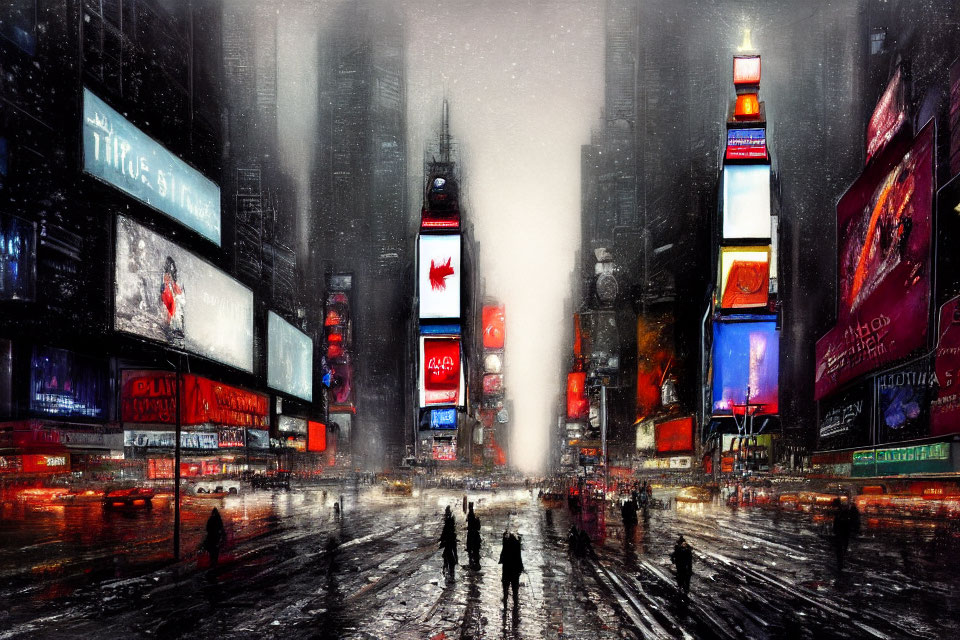 Snowy cityscape with bright billboards and busy street scene