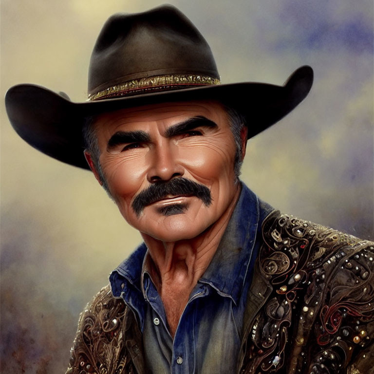 Mustachioed man in cowboy hat with ornate leather jacket