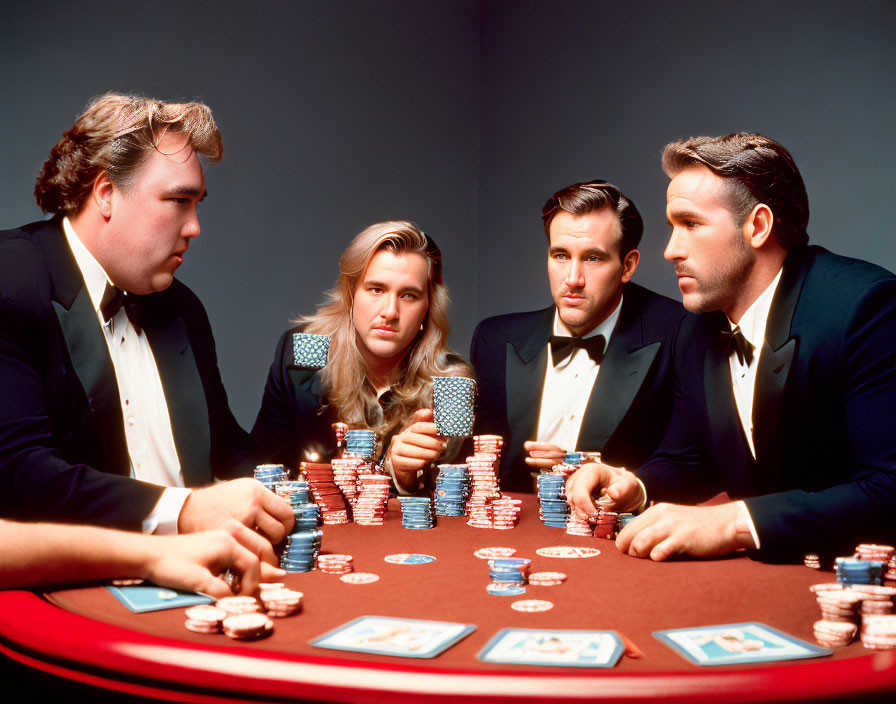Four people in tuxedos playing poker at a table