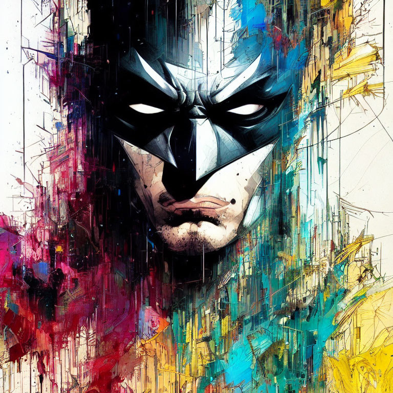 Abstract superhero artwork with black mask and vibrant colors