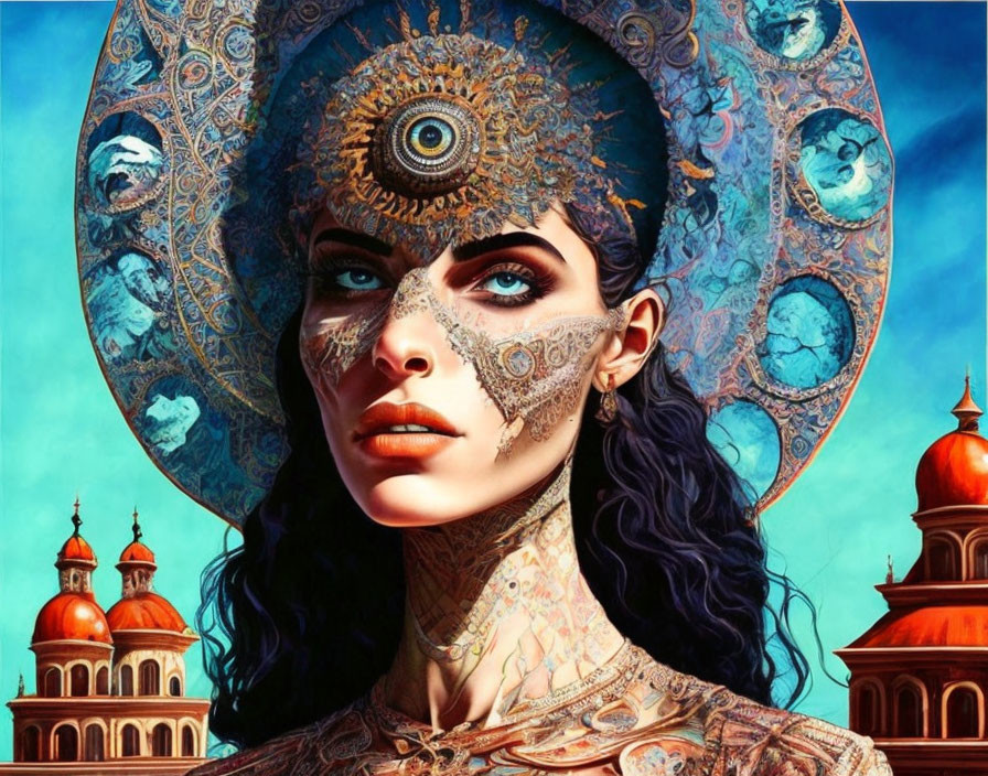 Intricately tattooed woman with ornate halo against sky and buildings