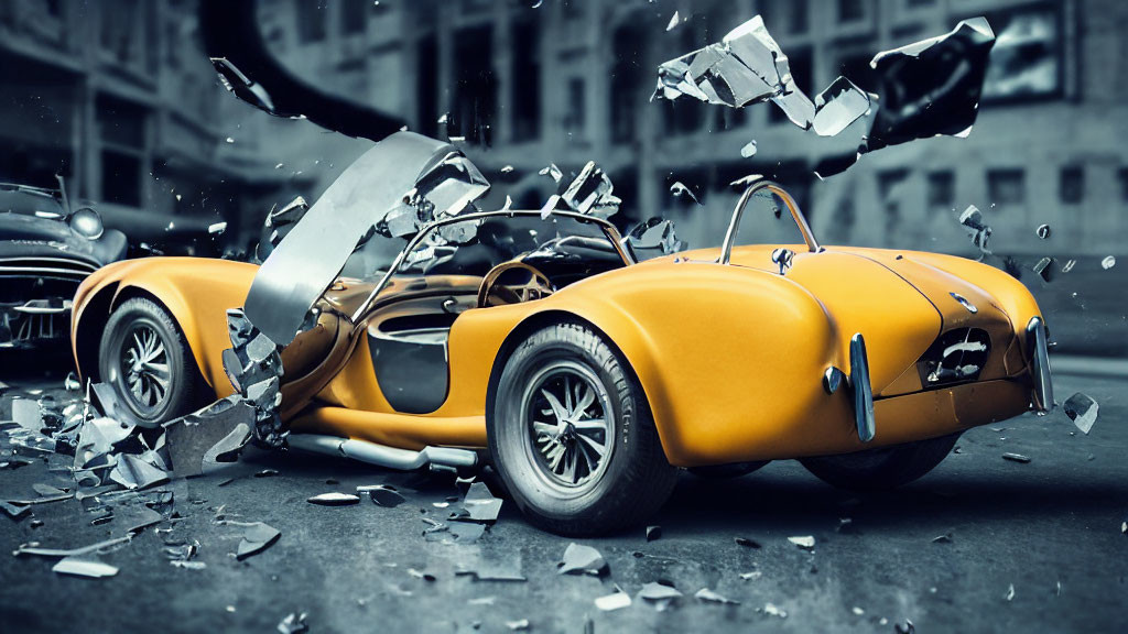 Vintage yellow sports car crashes through glass barrier in urban street