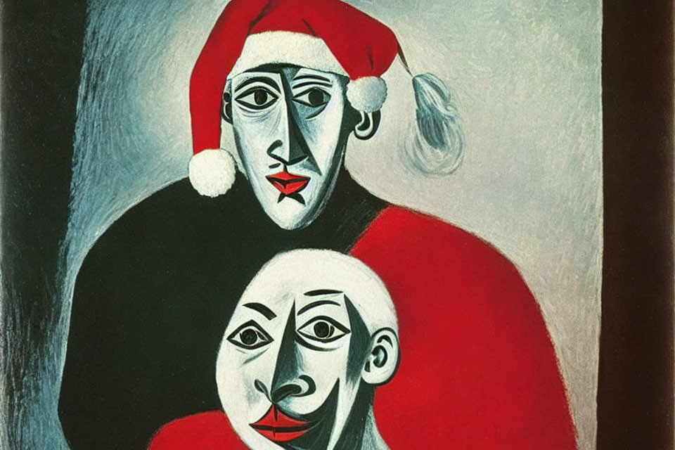 Abstract figures in Santa hats on dark background