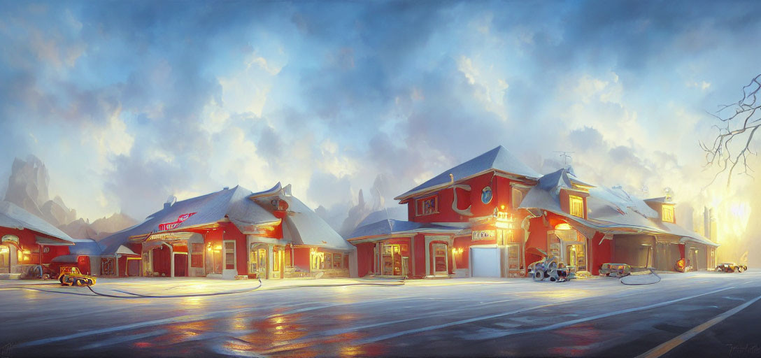 Snow-covered street at dusk with illuminated buildings and mountains, creating a serene winter scene