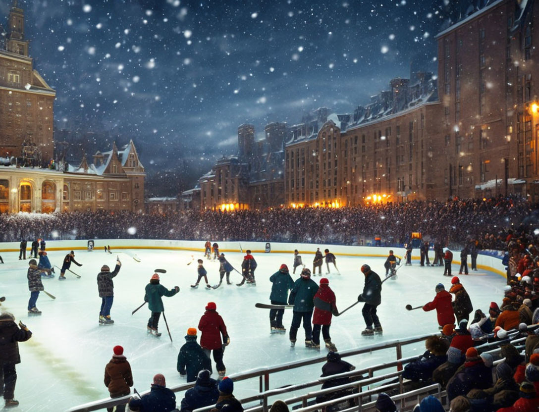 Nighttime ice skating rink with crowd and snowfall in cityscape.