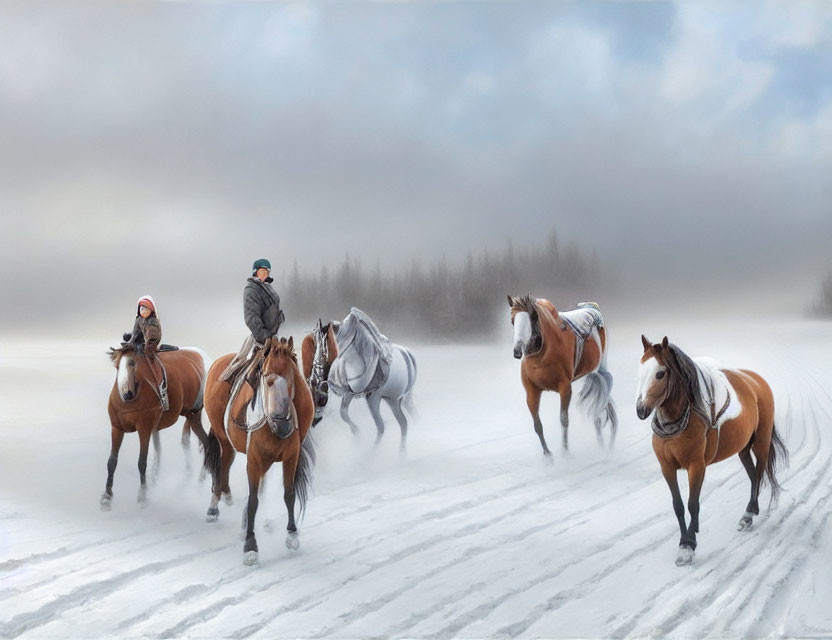 Snowy landscape with horseback riders and free-running horses in misty forest