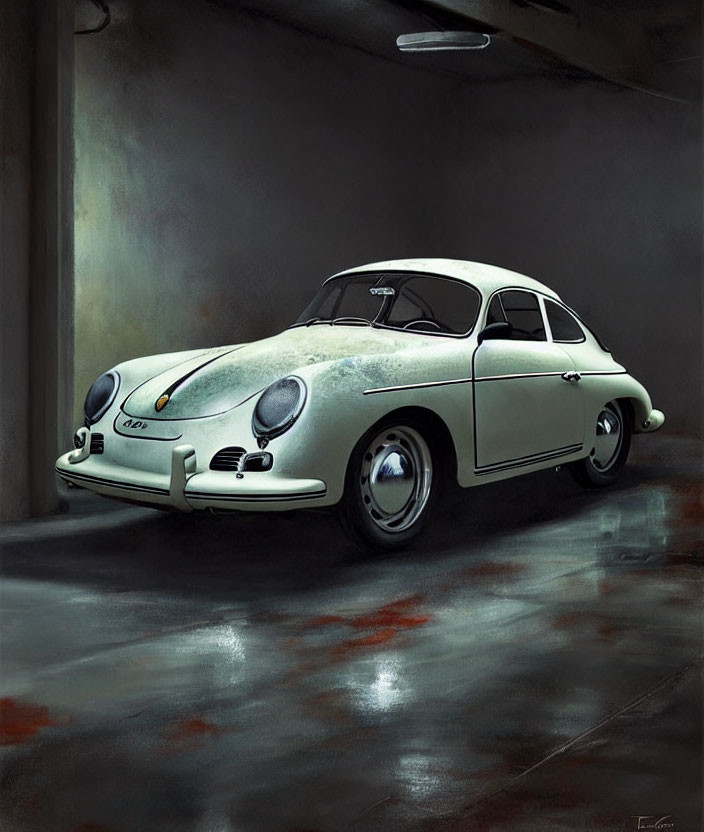 Classic White Porsche in Dimly Lit Garage with Glossy Floor & Red Leakage